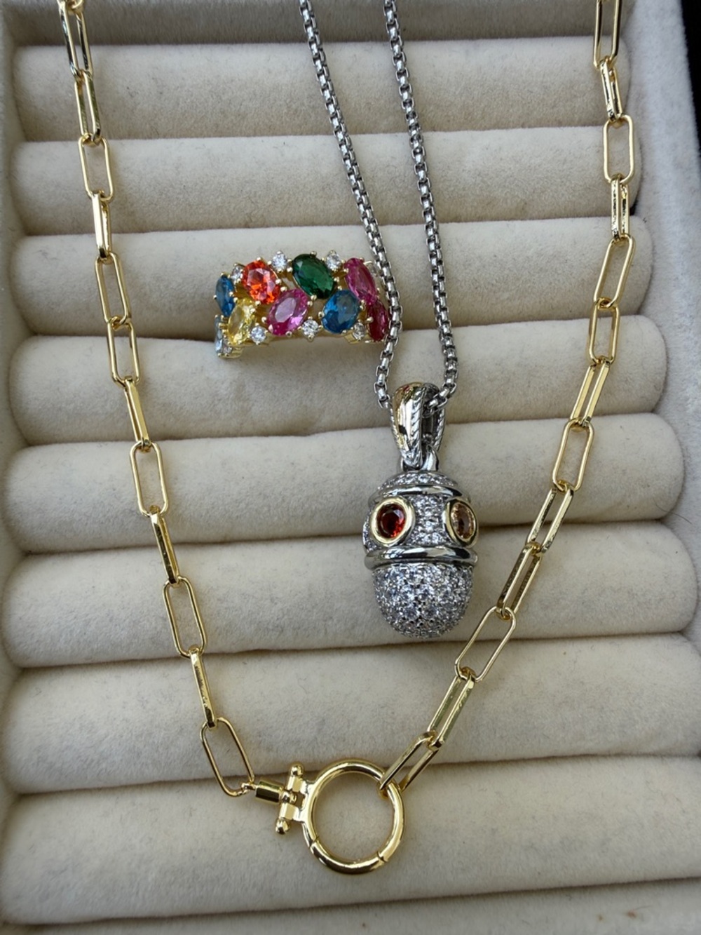 Multicolor Gemstone Ring & Gold Link Necklace Set